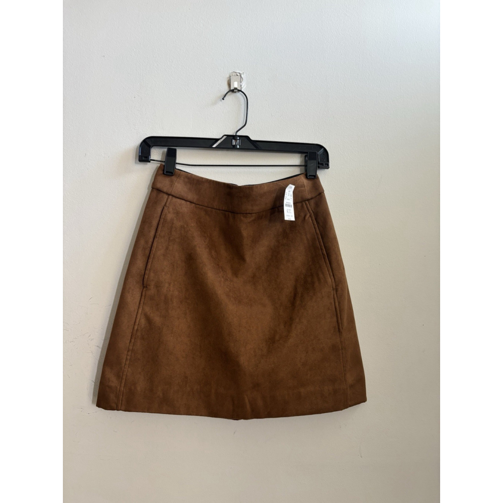 NEW WOMEN’S J CREW PENCIL SKIRT MINI SIZE 0 FAUX LEATHER POLYESTER BROWN ZIP